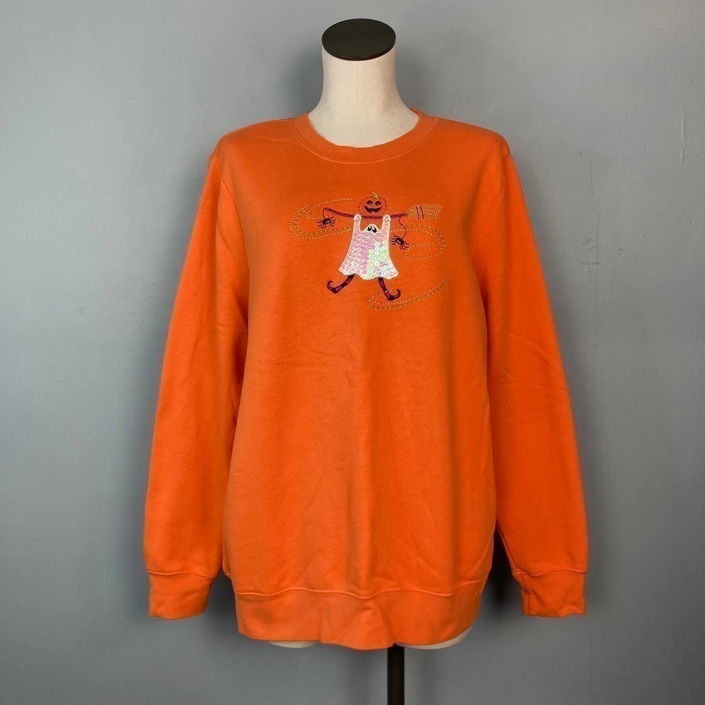 HOLIDAY Editions Halloween Sequined Ghost Pumpkin Orange Crew Neck Sweatshirt XL